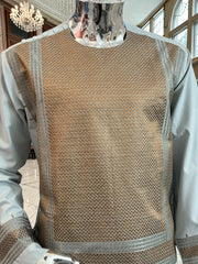 X-Large Blue-Gray Afghan Shalwar Kameez with Bronze Embroidery Yakhandozi | Luxury Men’s Traditional Wear