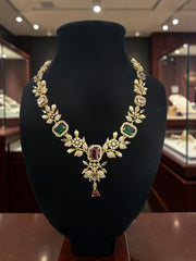 Luxury Gold Tone Floral Necklace & Earrings Set | Alloy Brass Metal | Green & Burgundy Crystal Statement Jewelry | Gift-Ready Black Jewelry Box Included 6070