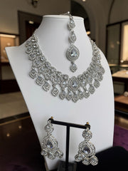 Luxury Silver Tone Clear Crystal Bridal Jewelry Set | Statement Necklace, Earrings & Maang Tikka | Wedding Jewelry with Black Gift Box 6024