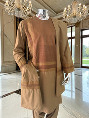 Small Premium Brown Machine Embroidered Parahan Tunban Set with Matching Chadder