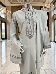 Medium Men’s Hand Embroidered Parahan Tunban Set – Light Sage Green Afghan Traditional Outfit