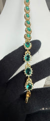 Emerald Green Oval Crystal Halo Link Bracelet – Gold Tone Statement Jewelry 7132