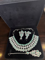 Luxury Mint Green American Diamond Bridal Jewelry Set with Maang Tikka | Premium Brass Statement Necklace & Earrings Gift Box Included 6037