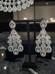 Luxury Pastel Pink & Mint American Diamond Bridal Jewelry Set with Maang Tikka | Premium Brass Statement Necklace & Earrings Gift Box Included 6033