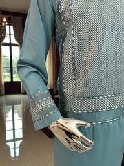 Men’s Teal Kameez with White and Teal Machine Embroidery – Medium Size | Premium Afghan Traditional Wear