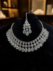 Luxury Pastel Pink & Mint American Diamond Bridal Jewelry Set with Maang Tikka | Premium Brass Statement Necklace & Earrings Gift Box Included 6033
