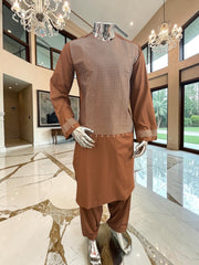 Medium Afghan Parahan Tunban Kameese Shalwar Brown Machine Embroidery