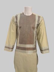 Men’s Light Beige Kameez with Brown and Matching Machine Embroidery – Traditional Afghan Wear | Luqmaan Boutique (Small)