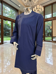 Traditional Afghan Parahan Tunban with Machine Embroidery – Navy Blue – XS