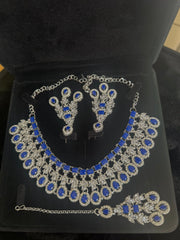 Luxury Sapphire Blue American Diamond Bridal Jewelry Set with Maang Tikka | Premium Brass Statement Collar Necklace, Earrings & Gift Box Included 6036