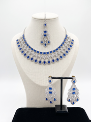 Silver-Tone AD Bridal Necklace Set with Earrings & Maang Tikka – 8 Colors