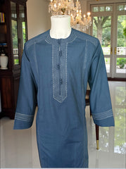 XXL Afghan Parahan Tunban with Traditional Embroidery – Steel Blue
