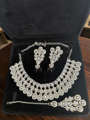 Luxury Clear American Diamond Bridal Jewelry Set with Maang Tikka | Premium Brass Statement Necklace & Earrings Gift Box Included 6034
