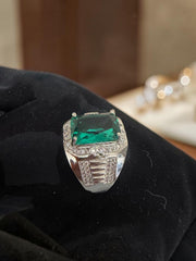 Men’s Emerald Green Zircon Signet Ring – Silver Plated Brass Statement Ring with Halo & Baguette Accents C1