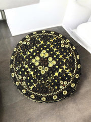 Black and Gold Baluchi Hat with Brown Accents – Hand Embroidered Traditional Afghan Men’s Cap with Mirror Work
