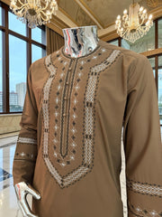 Medium Men’s Mocha Brown Hand Embroidered Afghan Parahan Tunban Set with Matching Shawl