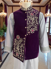Medium Purple Velvet Men’s Waistcoat – Hand-Embroidered Zari, Dabka & Stonework Medium