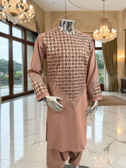 Small Men’s Tan Parahan Tumban with White & Tan Embroidery Afghan Kameese shalwar