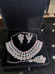 Luxury Blush Pink American Diamond Bridal Jewelry Set with Maang Tikka | Premium Brass Statement Collar Necklace, Earrings & Gift Box Included 6032