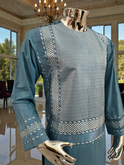 Medium Turquoise Blue Afghan Kameez with White Khamakdozi Embroidery