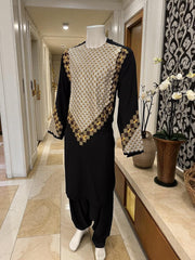 Men’s Black Kameez – Black with Gold, White & Brown Machine Embroidery | Afghan Outfit (XL)