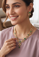 Luxury Gold Tone Green Crystal Floral Statement Necklace & Earrings Set | Gift-Ready Black Jewelry Box Included 6071