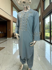 Small Grayish Blue Afghan Men’s Parahan Tunban Set – Premium Embroidered Traditional Outfit with chadder/patto