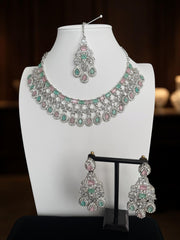 Luxury Pastel Pink & Mint American Diamond Bridal Jewelry Set with Maang Tikka | Premium Brass Statement Necklace & Earrings Gift Box Included 6033
