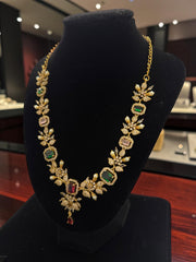 Luxury Gold Tone Green & Burgundy Crystal Floral Statement Necklace & Earrings Set |Gift-Ready Black Jewelry Box Included 6069