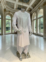 Premium White Afghan Parahan Tunban with Silver Shesha Mirror Work