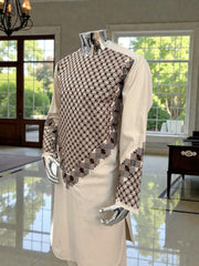Men’s Cream Kameez – Cream with Brown & Black Machine Embroidery | Afghan Outfit (Medium)