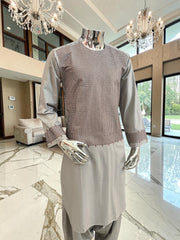 Medium Men’s Light Gray Parahan Tumban with Brown Embroidery – Afghan Traditional Outfit