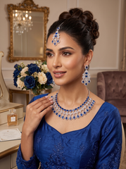Silver-Tone AD Bridal Necklace Set with Earrings & Maang Tikka – 8 Colors