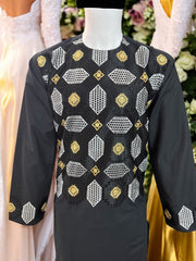 Afghan Parahan Tunban with Machine Khamakdozi Embroidery – Black White Gold – Medium