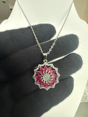 Pink Crystal Floral Pendant Necklace – Silver Tone Flower Statement Necklace with Gift Box 7157