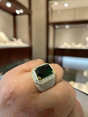 Men’s Green Zircon Statement Ring – Gold Tone Brass Cluster Design CGR
