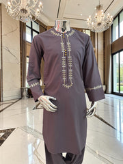 Large Premium Hand Embroidered Afghan Parahan Tunban Set with Matching Chadder – Charcoal Plum