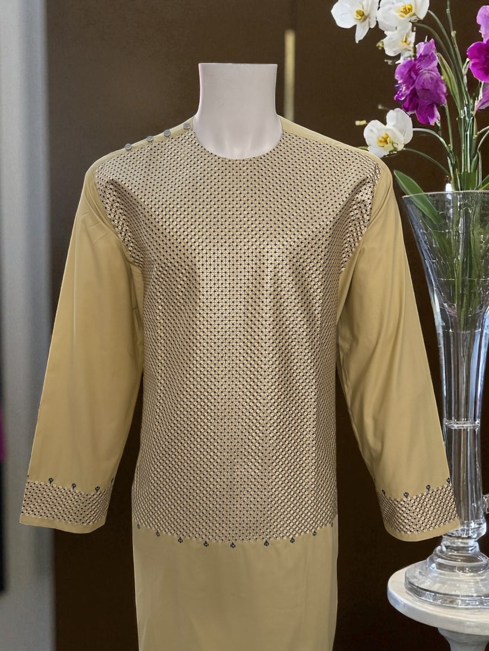 Men’s Beige Kameez with Black Embroidery