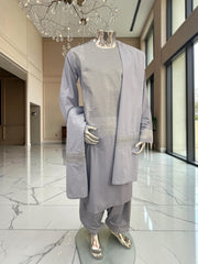 Men’s Light Gray Silver Embroidered 3-Piece Parahan Tunban with Matching Tunban & Shawl | Size XXL 7220
