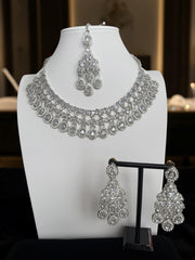 Silver-Tone AD Bridal Necklace Set with Earrings & Maang Tikka – 8 Colors