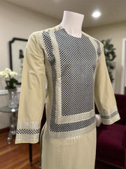 Men’s Beige Kameez with Black and Matching Machine Embroidery – Afghan Traditional Wear | Luqmaan Boutique (Medium)
