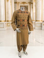 Hand Embroidered Camel Tan Afghan Parahan Tunban with Matching Shawl 5024