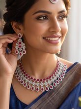 Luxury Ruby Red American Diamond Bridal Jewelry Set with Maang Tikka | Premium Brass Statement Necklace & Earrings Gift Box Included 6038