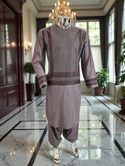 Men’s Plum Parahan Tumban with White Embroidery – Afghan Traditional Outfit (Small)