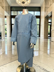 Sky Blue Embroidered Boys Parahan Tunban Set (Age 1–12 Years) – Traditional Afghan Kids Shalwar Kameez Luqmaan Boutique Design #23