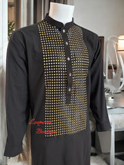 Men’s Black Parahan Tumban with Gold Hand Khamak Embroidery – Luxury Traditional Afghan Outfit, Medium