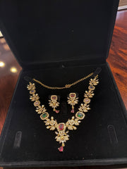 Luxury Gold Tone Floral Necklace & Earrings Set | Alloy Brass Metal | Green & Burgundy Crystal Statement Jewelry | Gift-Ready Black Jewelry Box Included 6070