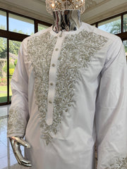 Handmade Afghan Selmadozi Embroidered Men’s Perahan Tunban – Luxury Traditional Formal Outfit – Available in Black, Ivory & White