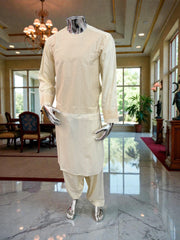 Men’s Cream Parahan Tumban with Matching Embroidery – Afghan Traditional Outfit (Medium)