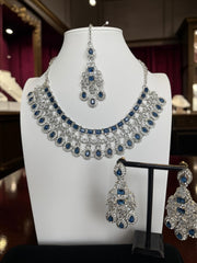 Luxury Navy Blue American Diamond Bridal Jewelry Set with Maang Tikka | Premium Brass Statement Necklace & Earrings | Gift-Ready Jewelry Box Included 6035